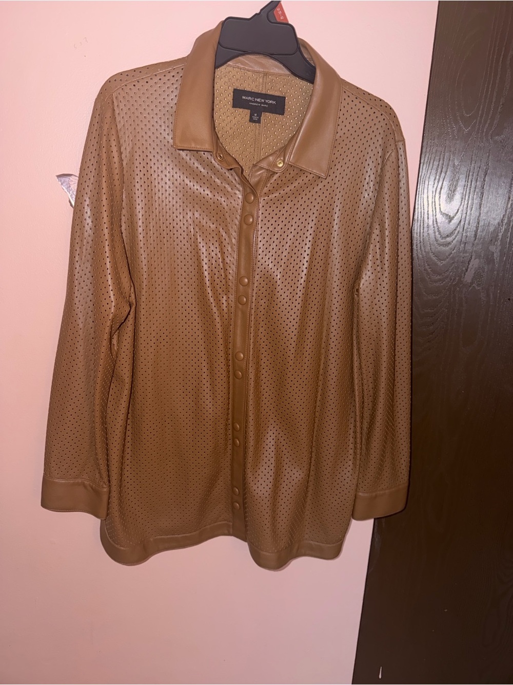 Marc New York Perforated Tan Faux-Leather Button Front Jacket